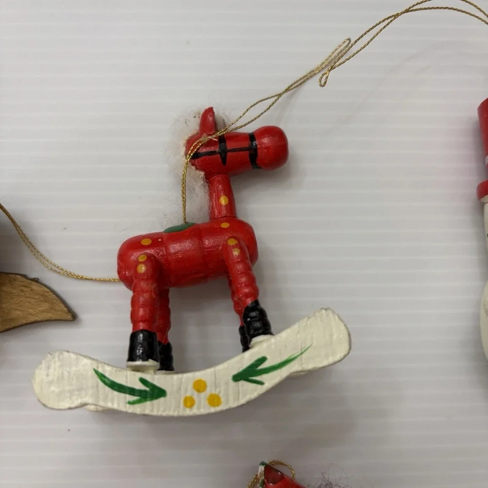 Vintage 70s 80s Wooden Christmas Tree Ornaments Lot Of 8 Folk Art Angel Santa